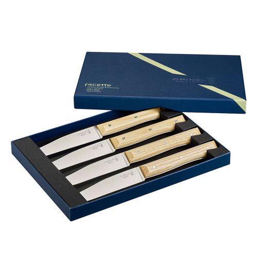 Opinel Facette Steak Knives (Set of 4) - 4.3" Smooth Stainless Steel Plain Blades, Ash Wood Handles (OP002496)