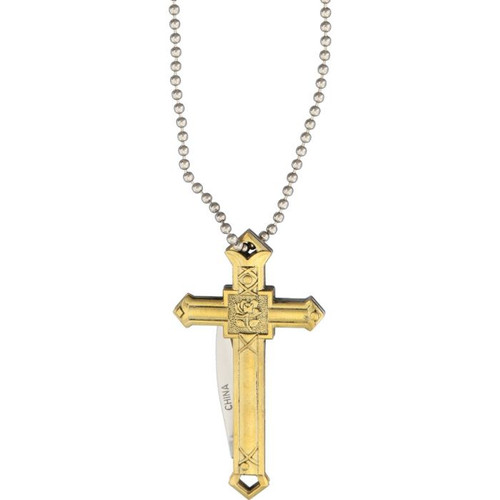 Rough Ryder Brass Crucifix Necklace Folding Knife (RR1497)- 1.75" Mirror Polished Pen Blade, Brass Crucifix