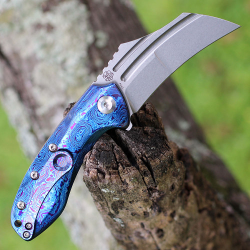 Kansept KTC3 (K1031M1) - 2.69" CPM-S35VN Stonewashed Hawkbill Plain Blade, Blue Timascus Handle