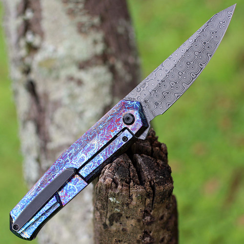 Kansept Integra Frame Lock Flipper (K1042D2) - 3.6" Damascus Drop Point Plain Blade, Lightning Strike Titanium Handle