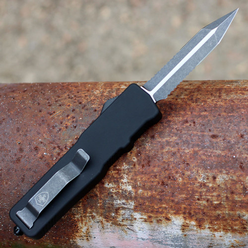 Templar Excalibur Small OTF (XS-BR-42-1) 3.55" Black Oxide Stonewashed Powder D2 Dagger Serrated Blade, Black Screwless Rubber Handle