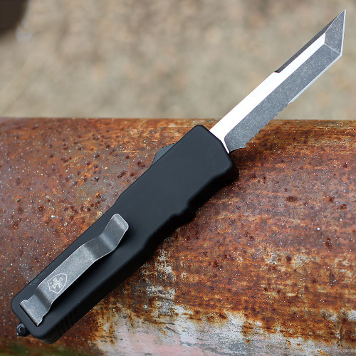 Templar Excalibur Small OTF (XS-BR-52-1) 3.55" Black Oxide Stonewashed Powder D2 Tanto Serrated Blade, Black Screwless Rubber Handle