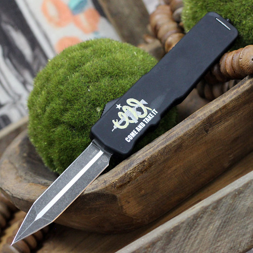 Templar Excalibur Large AR15 OTF (XL-AR15-12-1) 3.55" Black Oxide Stonewashed Powder D2 Dagger Blade, Black Screwless Rubber Handle "Come And Take It" w/ AR15