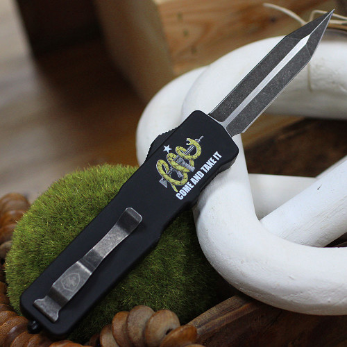 Templar Excalibur Large AR15 OTF (XL-AR15-12-1) 3.55" Black Oxide Stonewashed Powder D2 Dagger Blade, Black Screwless Rubber Handle "Come And Take It" w/ AR15