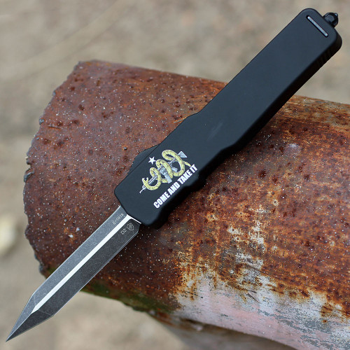 Templar Excalibur Slim AR15 OTF (XM-AR15-12-1) 3.25" Black Oxide Stonewashed Powder D2 Dagger Blade, Black Screwless Rubber Handle "Come And Take It" w/ AR15