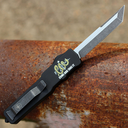 Templar Excalibur Slim AR15 OTF (XM-AR15-52-1) 3.25" Black Oxide Stonewashed Powder D2 Tanto Serrated Blade, Black Screwless Rubber Handle "Come And Take It" w/ AR15