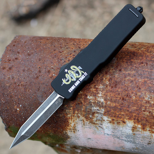 Templar Excalibur Small AR15 OTF (XS-AR15-12-1) 3.0" Black Oxide Stonewashed Powder D2 Dagger Blade, Black Screwless Rubber Handle "Come And Take It" w/ AR15