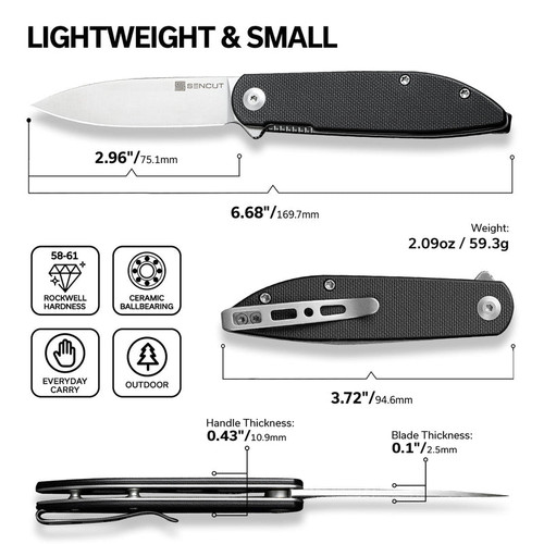 Sencut Boc11 II Flipper Knife (S22019-1) 2.96 Satin D2 Drop Point Plain Blade, Black G-10 Handle