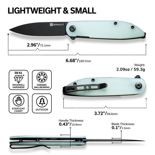 Sencut Bocll II Flipper Knife (S22019-2) 2.96 Black D2 Drop Point Plain Blade, Jade G-10 Handle