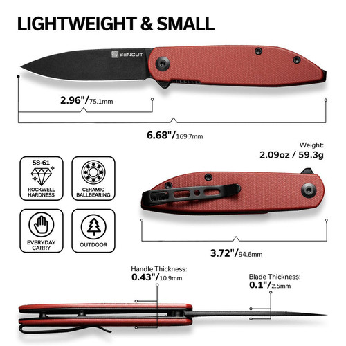 Sencut Bocll II Flipper Knife (S22019-3) 2.96 Black D2 Drop Point Plain Blade, Burgundy G-10 Handle