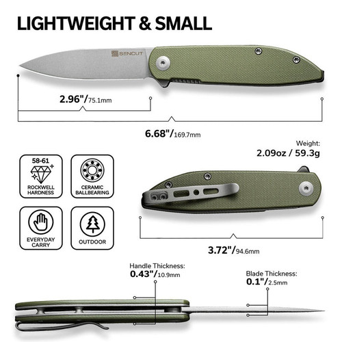 Sencut Bocll II Flipper Knife (S22019-4) 2.96 Stonewash D2 Drop Point Plain Blade, Green G-10 Handle