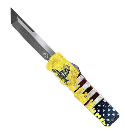 Templar Excalibur Large OTF (XL-DTOM-22-1) 3.55" Black Oxide Stonewashed Powder D2 Tanto Blade, Screwless Rubber Coated Aluminum Handle w Don't Tread On Me Decal