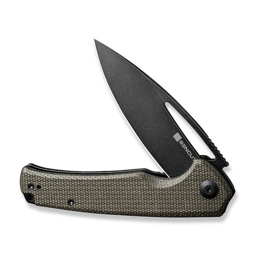 Sencut Mims (S210133) 3.48" 9Cr18MoV Black Stonewashed Drop Point Plain Blade, Dark Green Canvas Micarta Handle.