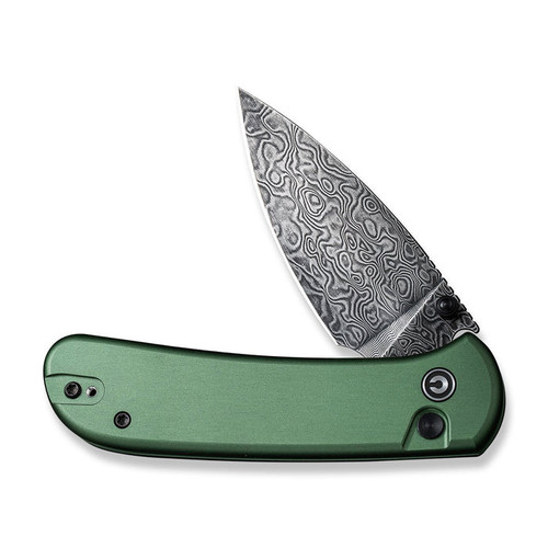 Civivi Qubit (CIVC22030EDS1) 2.98" Damascus Black Drop Point Blade, Green Aluminum Handle.