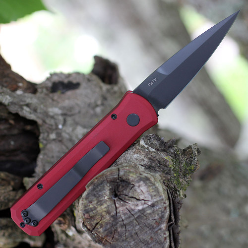 Pro-Tech Godson Automatic (721-RED) - 3.15" 154CM Black DLC Coated Stiletto Blade, Red Aluminum Handle and Black Hardware