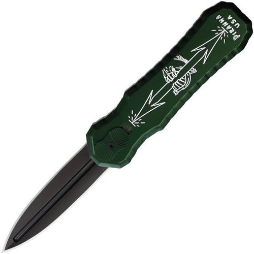 Piranha Excalibur OTF Automatic Knife (PKCP8GT) - 3.2" 154CM Black Dagger Style Blade, Green Aluminum Handle