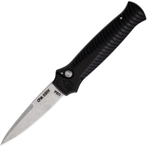Piranha Mini-Guard Automatic Knife (PKCP7BK) - 2.875" S30V Stonewash Plain Spear Point Blade, Black Aluminum Handle