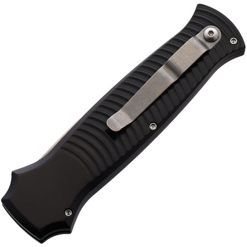 Piranha Bodyguard Automatic Knife (PKCP6BK) - 3.30" S30V Stonewash Plain Spear Point Blade, Black Aluminum Handle
