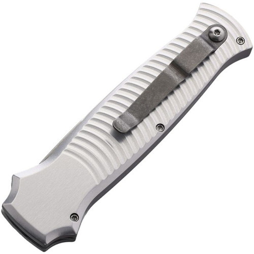Piranha Bodyguard Automatic Knife (PKCP6S) - 3.30" S30V Stonewash Plain Spear Point Blade, Silver Aluminum Handle