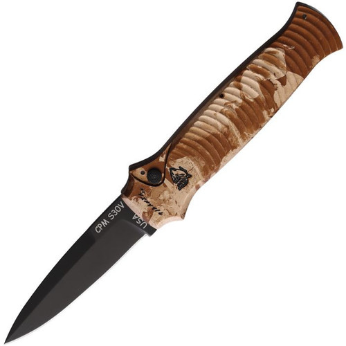 Piranha Bodyguard Automatic Knife (PKCP6CT) - 3.30" S30V Black Plain Spear Point Blade, Tan Camo Aluminum Handle