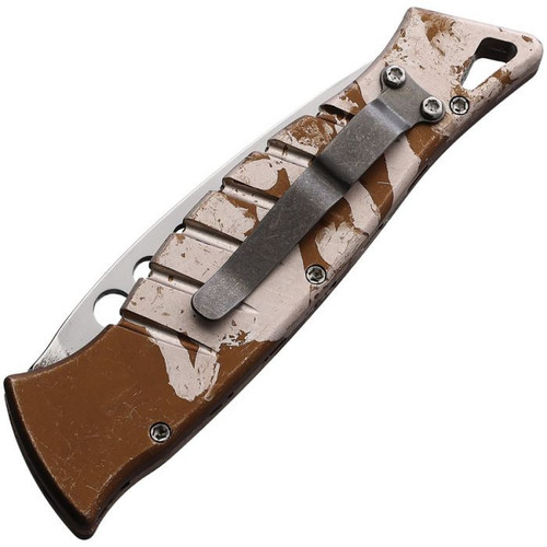 Piranha Amazon Automatic Knife (PKCP3C) - 3.50" 154CM Mirror Polished Drop Point Plain Blade, Tan Camo Aluminum Handle