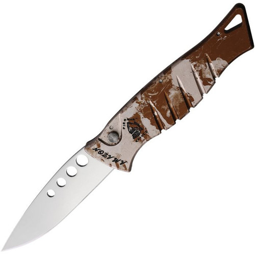 Piranha Amazon Automatic Knife (PKCP3C) - 3.50" 154CM Mirror Polished Drop Point Plain Blade, Tan Camo Aluminum Handle