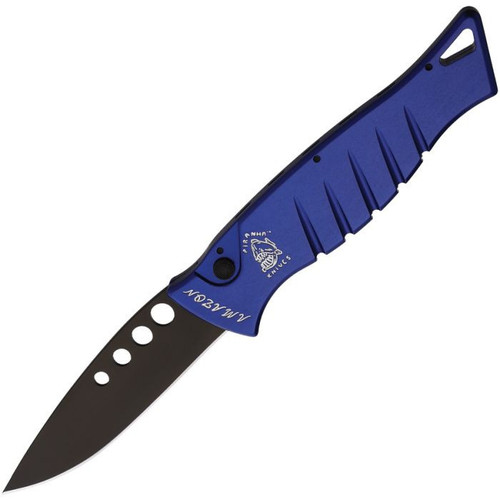 Piranha Amazon Automatic Knife (PKCP3BT) - 3.50" 154CM Black Drop Point Plain Blade, Blue Aluminum Handle