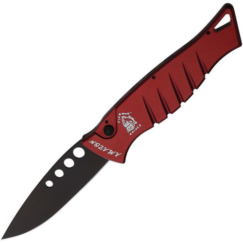 Piranha Amazon Automatic Knife (PKCP3RT) - 3.50" 154CM Black Drop Point Plain Blade, Red Aluminum Handle