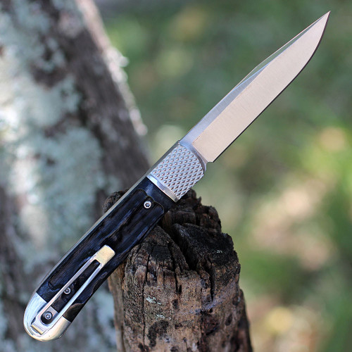 CobraTec Trapper Hidden Release Automatic (CTTHRBLK) - 3.125 Satin D2 Steel Drop Point Plain Blade, Black Bone Handle