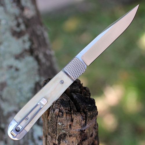 CobraTec Trapper Hidden Release Automatic (CTTHRWT) - 3.125 Satin D2 Steel Drop Point Plain Blade, White Bone Handle