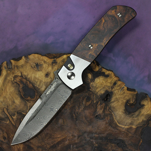 Pro-Tech Bob Terzuola ATCF Steel Custom 011 Automatic - 3.45" Chad Nichols Stainless Damascus Drop Point Blade, Stainless 416 Frame with Desert Iron Wood Inlay, Mosaic Pin Button, Hand Satin Titanium Terzuola Pocket Clip, Wooden Box