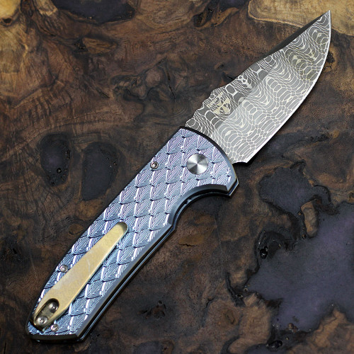 Pro-Tech SBR 2023 SBR Custom 003 Automatic - 2.5" Vegas Forge Damascus Plain Blade, Blue Double Feather w/Bronze Chamfers Titanium Handle, Pearl Push Button