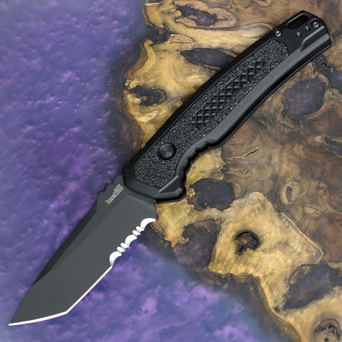 Kershaw Launch 16 7105 automatic knife profile view showing 3.45-inch black Cerakote tanto serrated blade.