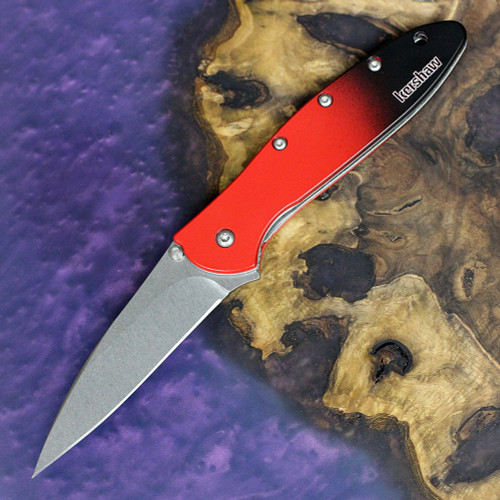 Kershaw Leek A/O (1660GRD) 3" CPM-Magnacut Stonewashed Wharncliffe Plain Blade, Gradient Red and Black Aluminum Handle