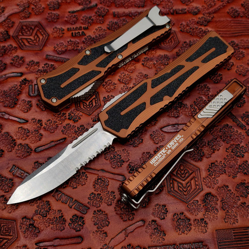 Heretic Colossus SE (H039-2B-RB) - 3.50" Stonewash CPM-MagnaCut Drop Point Serrated Edge, Root Beer Aluminum Handle w/Black Grip Inlays