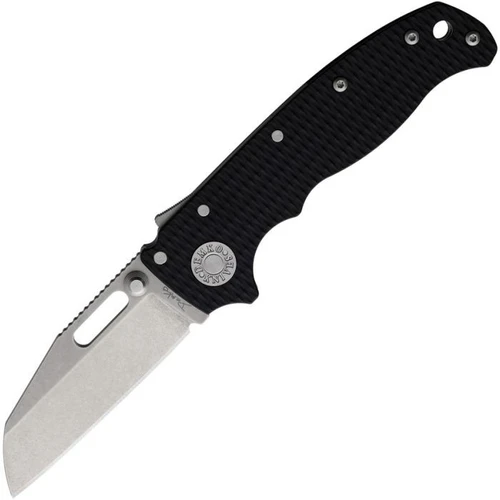 The Demko AD20.5 Shark Lock open, showing its 3-inch stonewashed CPM-S35VN Wharncliffe blade, black G-10 scales over steel liners, the spine-mounted Shark-Lock fin, a thumb stud and thumb hole, and a tip-up pocket clip.