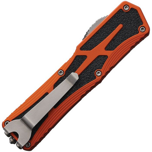 Heretic Colossus OTF (H0392AORG) - 3.50" Stonewash CPM-MagnaCut Drop Point Plain Edge, Orange Aluminum Handle w/Black Grip Inlays