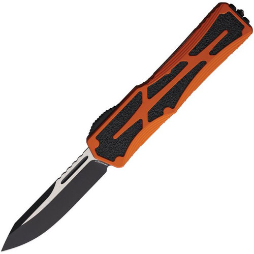 Heretic Colossus OTF (H03910AORG) - 3.50" Two-Toned CPM-MagnaCut Drop Point Plain Edge, Orange Aluminum Handle w/Black Grip Inlays