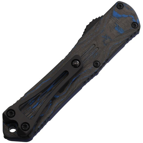 Heretic Knives Manticore S OTF Automatic (H0246ABLUCF) - 2.60" Black Magnacut Double Edge Dagger Plain Edge Blade, Blue Aluminum Front Handle, Blue and Black Carbon Fiber Back Handle