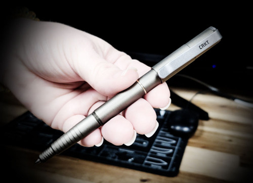 CRKT Collet Pen TPENWU profile view showing bronze aluminum body and Joe Wu tactical pen design.