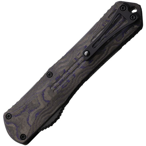 Heretic Knives Manticore X OTF Automatic (H030B6APUCF) - 3.75" Black Elmax Clip Point Plain Edge Blade, Blue Aluminum Front Handle, Purple and Black Carbon Fiber Back Handle