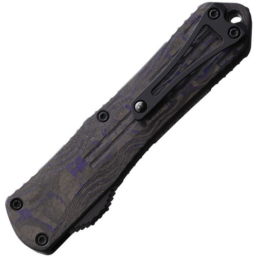 Heretic Knives Manticore E OTF Automatic (H026B6BPUCF) - 3.125" Black Elmax  Clip Point Partially Serrated Edge Blade, Black Aluminum Front Handle, Purple and Black Carbon Fiber Back Handle