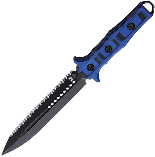 Heretic Knives Nephilim Fixed Blade (H0038CBLUBLK) - 6.5" Battleworn Elmax Double Edge Partially Serrated Dagger, Blue G-10 Handle, Black Nylon MOLLE Sheath