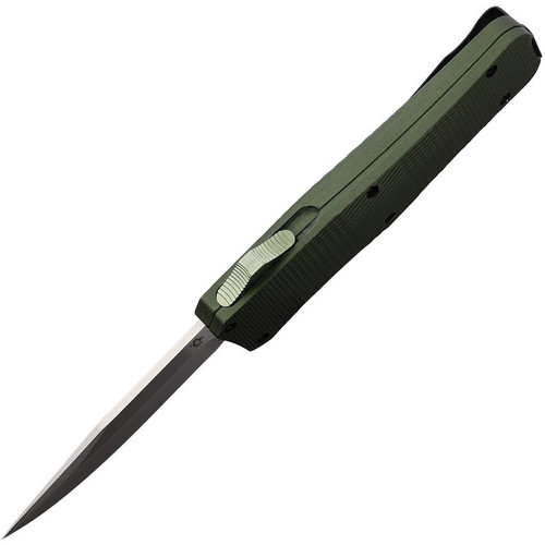 Mantis Knives Out the Front (MANOTF815) 3.25" Satin Finished 440C Drop Point Plain Blade, Green Checkered Aluminum Handle