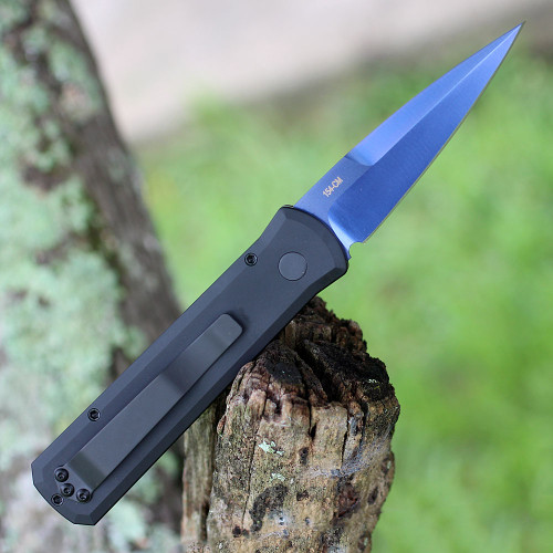 Pro-Tech Knives Godson Sapphire Blue Automatic Knife - 3.15" 154CM Blue Sapphire Coated Stiletto Blade, Black Aluminum Handle with Abalone Inlay Button