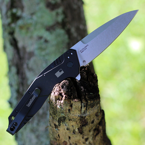 Kershaw Dividend Assisted Opening Knife (1812BLKMAG)- 3.00" Stonewashed Magnacut Drop Point Blade, Black Aluminum Handle