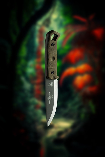 TOPS Brakimo Fixed Blade (TPBRAK02R) 5.25" 1095 Carbon Steel Tungsten Cerakoted Drop Point Plain Blade, Green Canvas Micarta Handle
