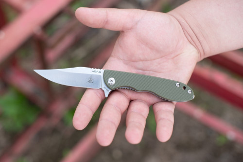 TOPS Mini Scandi Folder (TPMSFG01) 3.25" Elmax Satin Drop Point Plain Blade, Olive Drab Green G-10 Handle