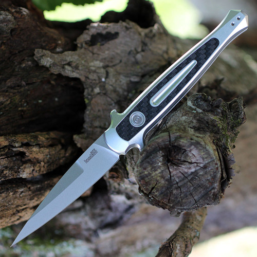 Kershaw Launch 8 (7150RAW) 3.5" CPM-154 Stonewashed Spear Point Plain Blade, Silver Aluminum Handle w/ Black Carbon Fiber Inlay, Automatic Push Button Opener