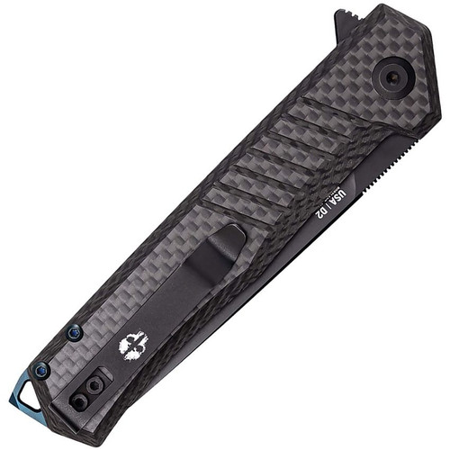 Tekto F1 Alpha (TKTF1CBKBK2) 3.10" Black Oxide Coated D2 Drop Point Plain Blade, Carbon Fiber Handle, Blue Titanium Accents